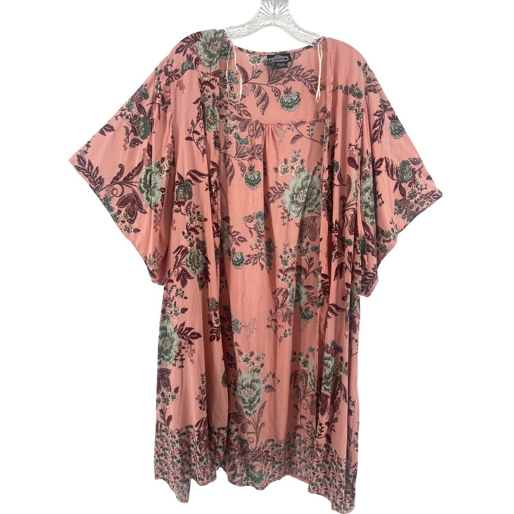 Angie Floral Kimono Cardigan Pink Boho Open Front Rayon Wrap Medium Festival
